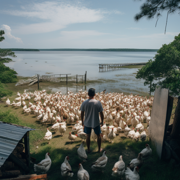 pic of farmer tending free range chicken flock